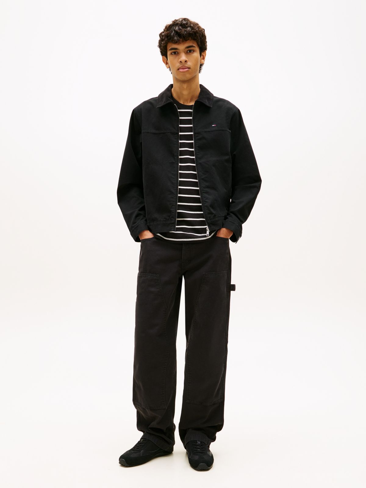 Flag Embroidery Zip-Thru Trucker Jacket — Black