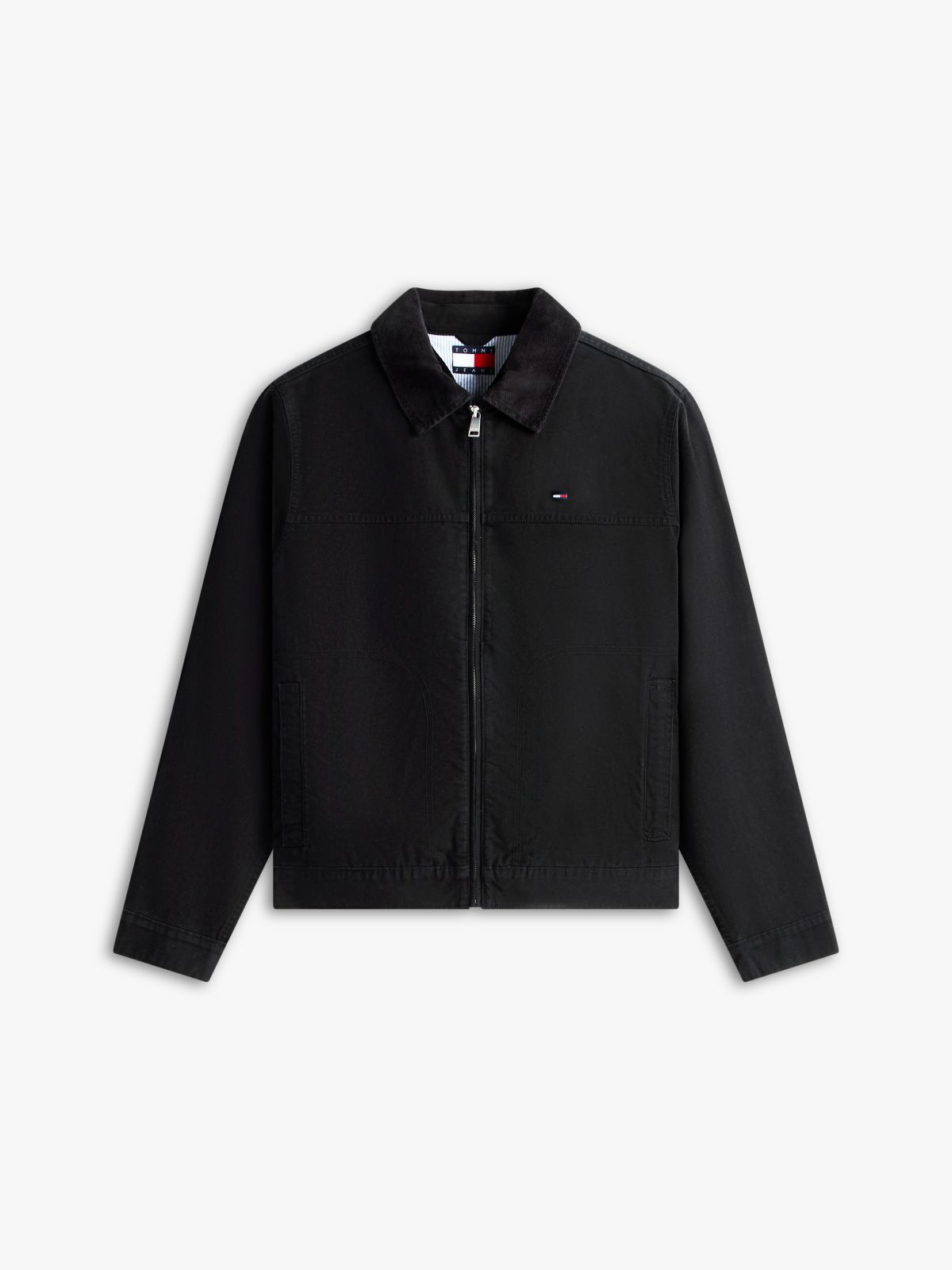 Flag Embroidery Zip-Thru Trucker Jacket — Black
