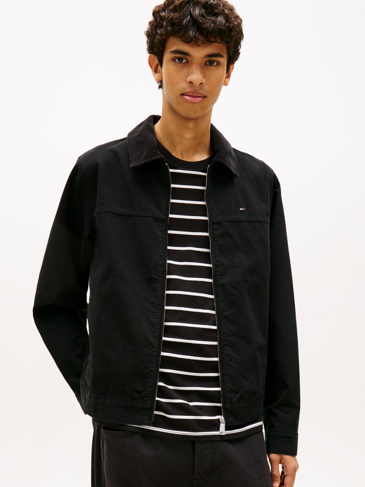 Flag Embroidery Zip-Thru Trucker Jacket — Black