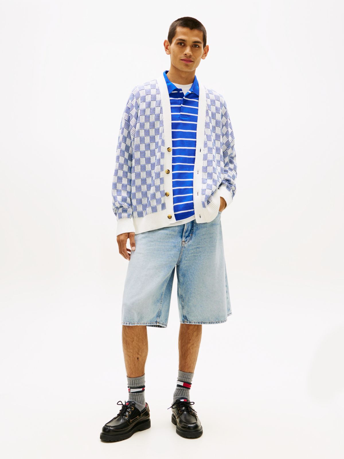 Tommy Badge Relaxed Textured Cardigan — Blue