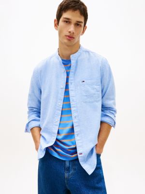 blue regular fit hemd aus leinenmix mit stehkragen für herren - tommy jeans