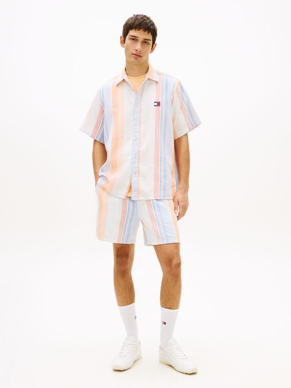 Relaxed Fit Stripe Short Sleeve Shirt — White