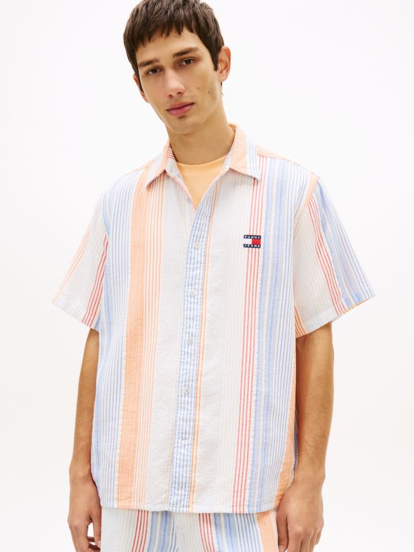 Relaxed Fit Stripe Short Sleeve Shirt — White