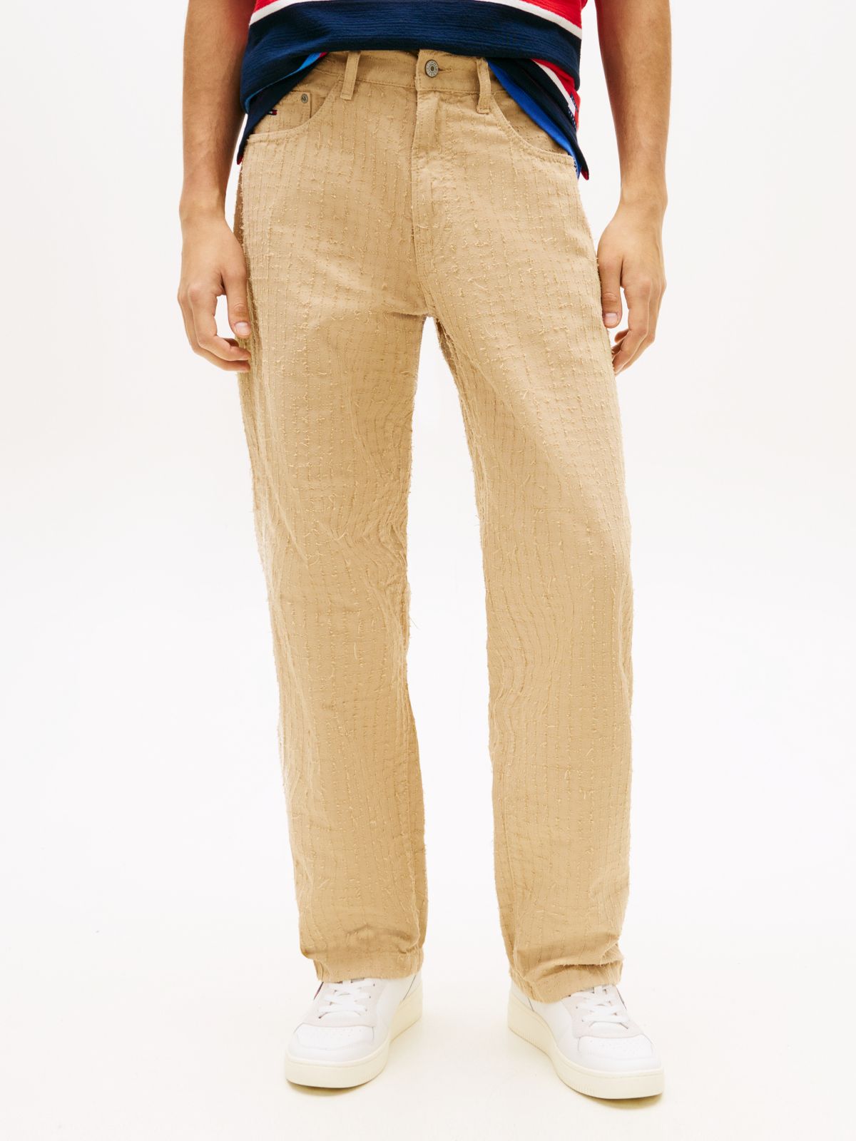 Jaimie Textured Loose Straight Canvas Trousers — Beige
