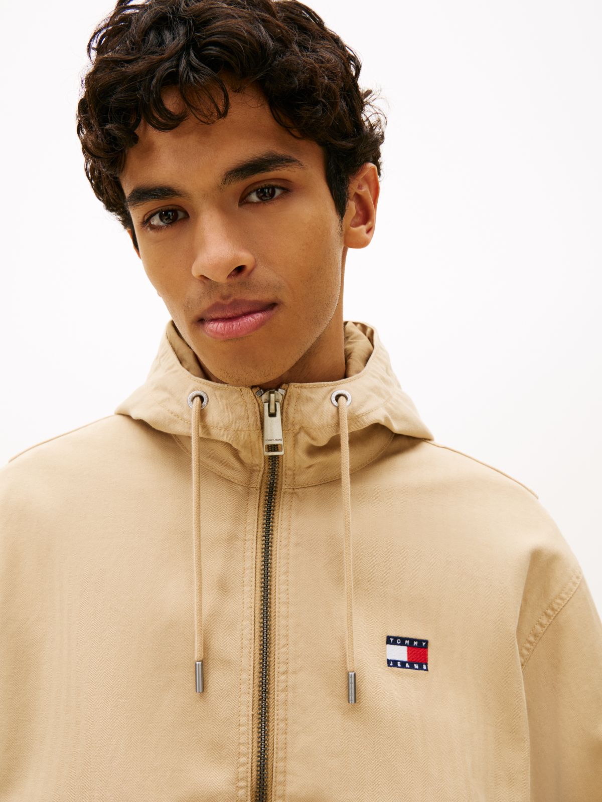 Herringbone Twill Relaxed Zip-Thru Hooded Jacket — Beige