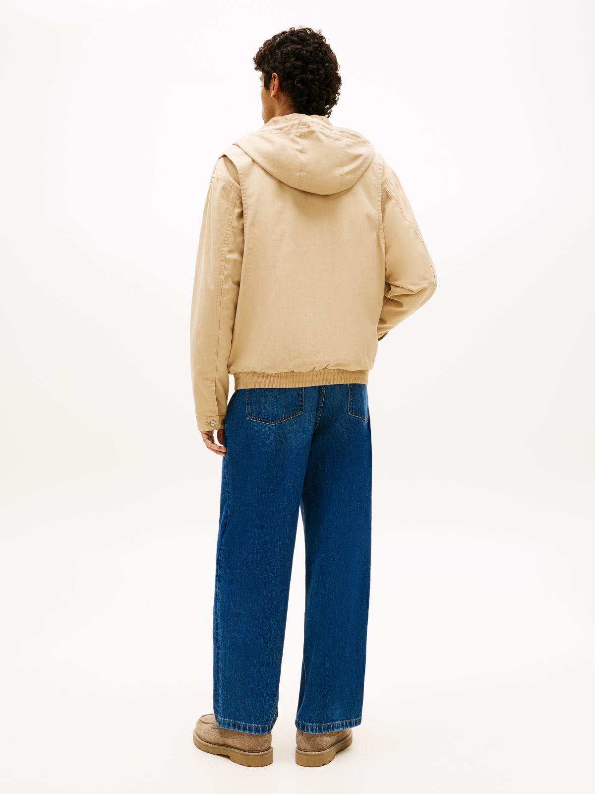Herringbone Twill Relaxed Zip-Thru Hooded Jacket — Beige