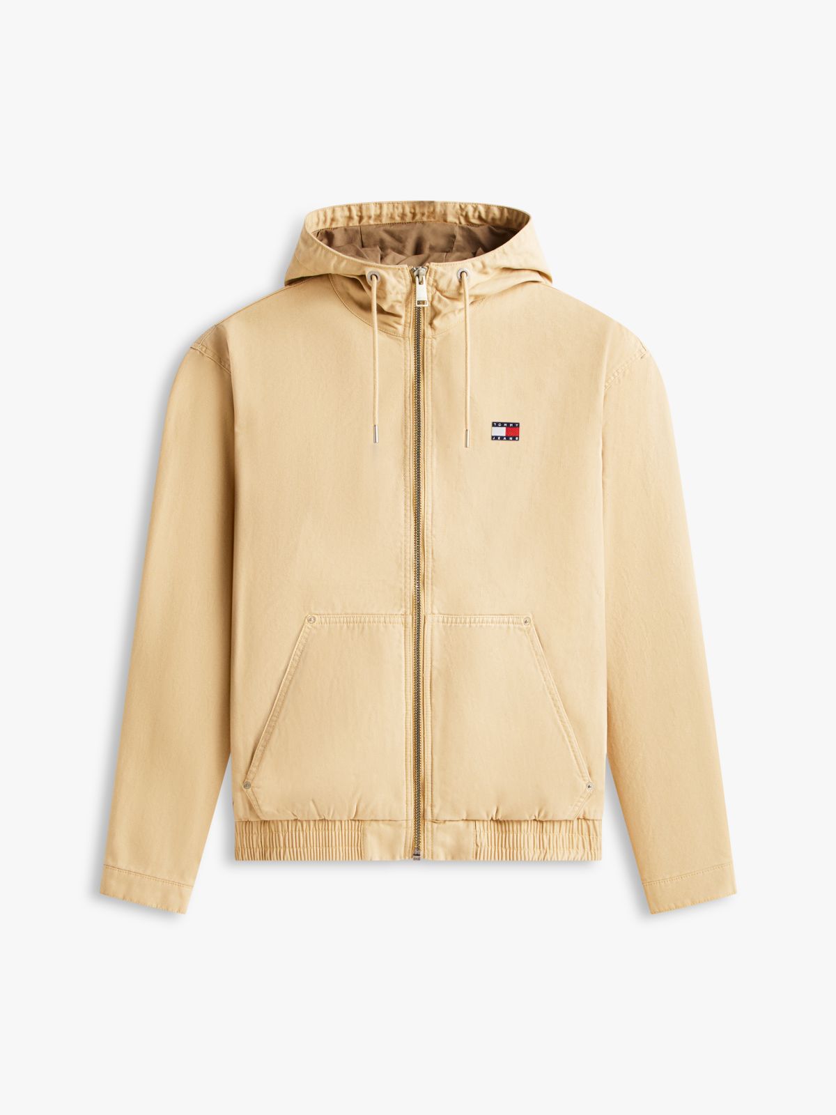 Herringbone Twill Relaxed Zip-Thru Hooded Jacket — Beige