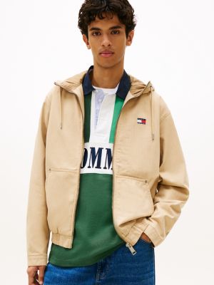 beige herringbone twill relaxed zip-thru hooded jacket for men tommy jeans
