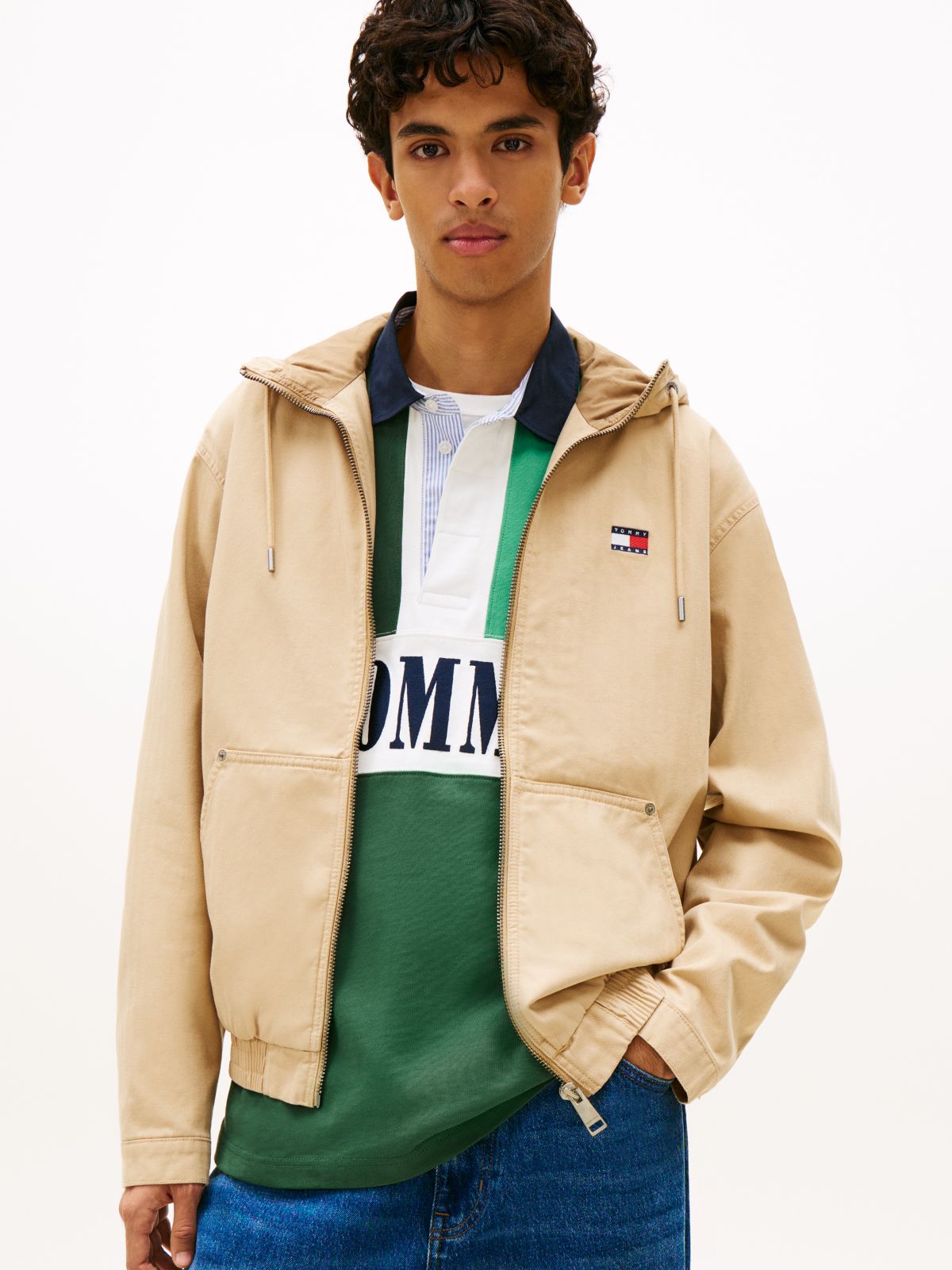 Herringbone Twill Relaxed Zip-Thru Hooded Jacket — Beige