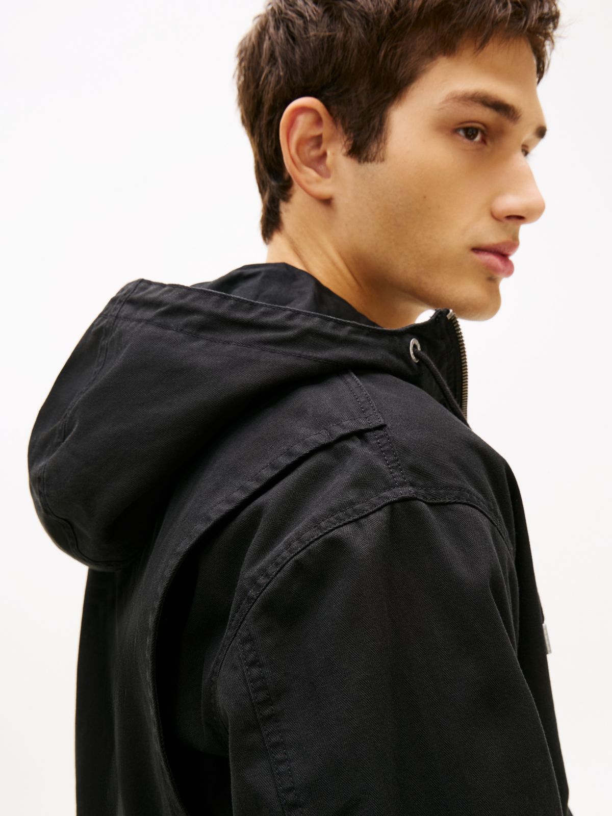 Herringbone Twill Relaxed Zip-Thru Hooded Jacket — Black