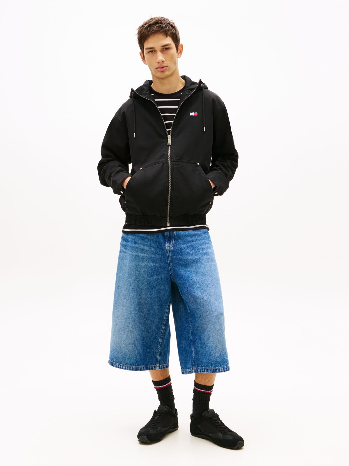 Herringbone Twill Relaxed Zip-Thru Hooded Jacket — Black