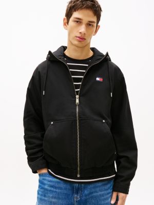 black herringbone twill relaxed zip-thru hooded jacket for men tommy jeans