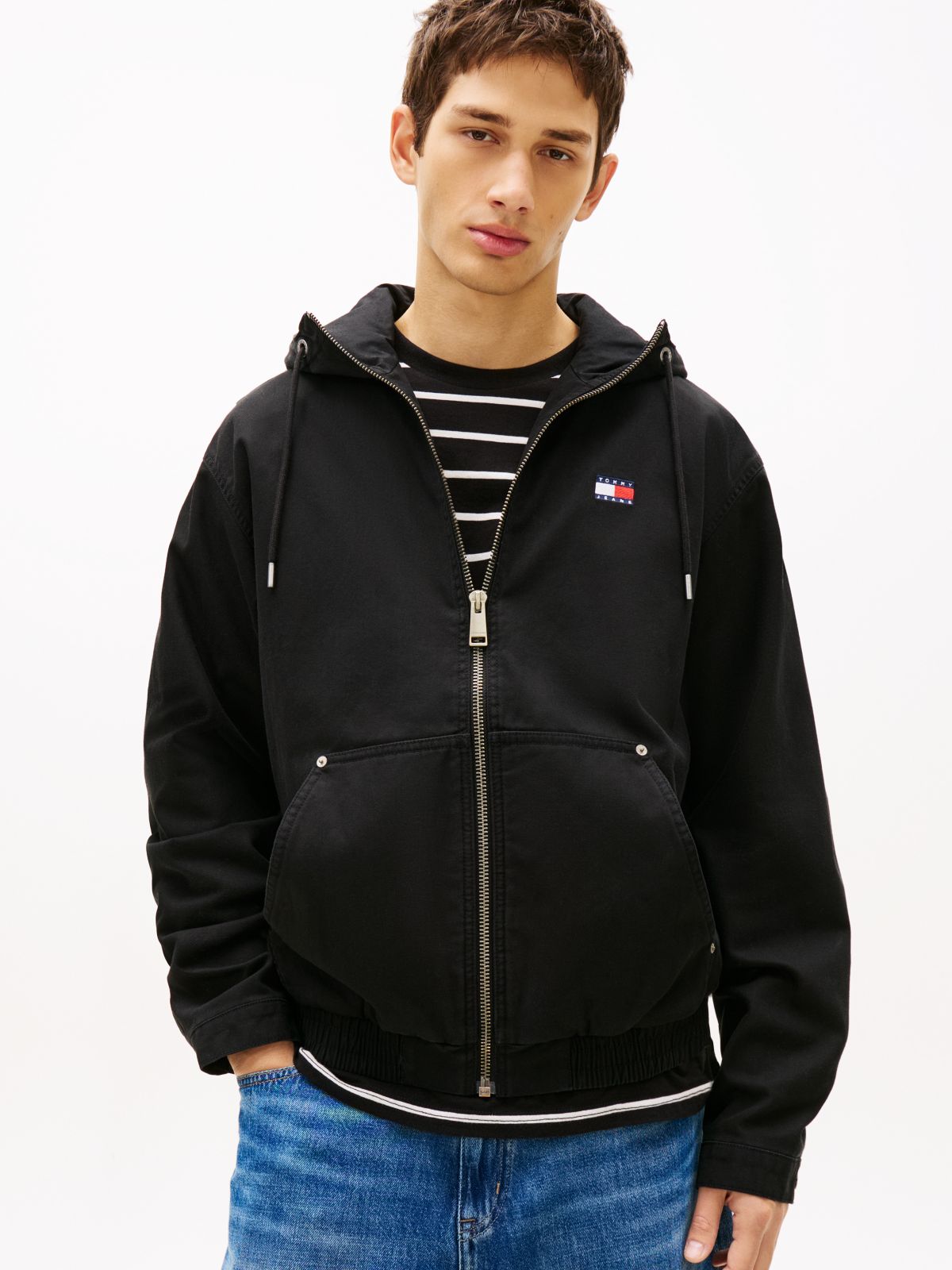 Herringbone Twill Relaxed Zip-Thru Hooded Jacket — Black