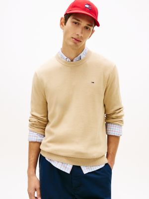 pull slim tommy flag léger à broderie beige pour hommes tommy jeans