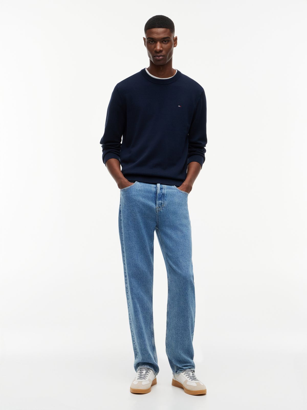Tommy Flag Embroidery Lightweight Slim Jumper — Blue