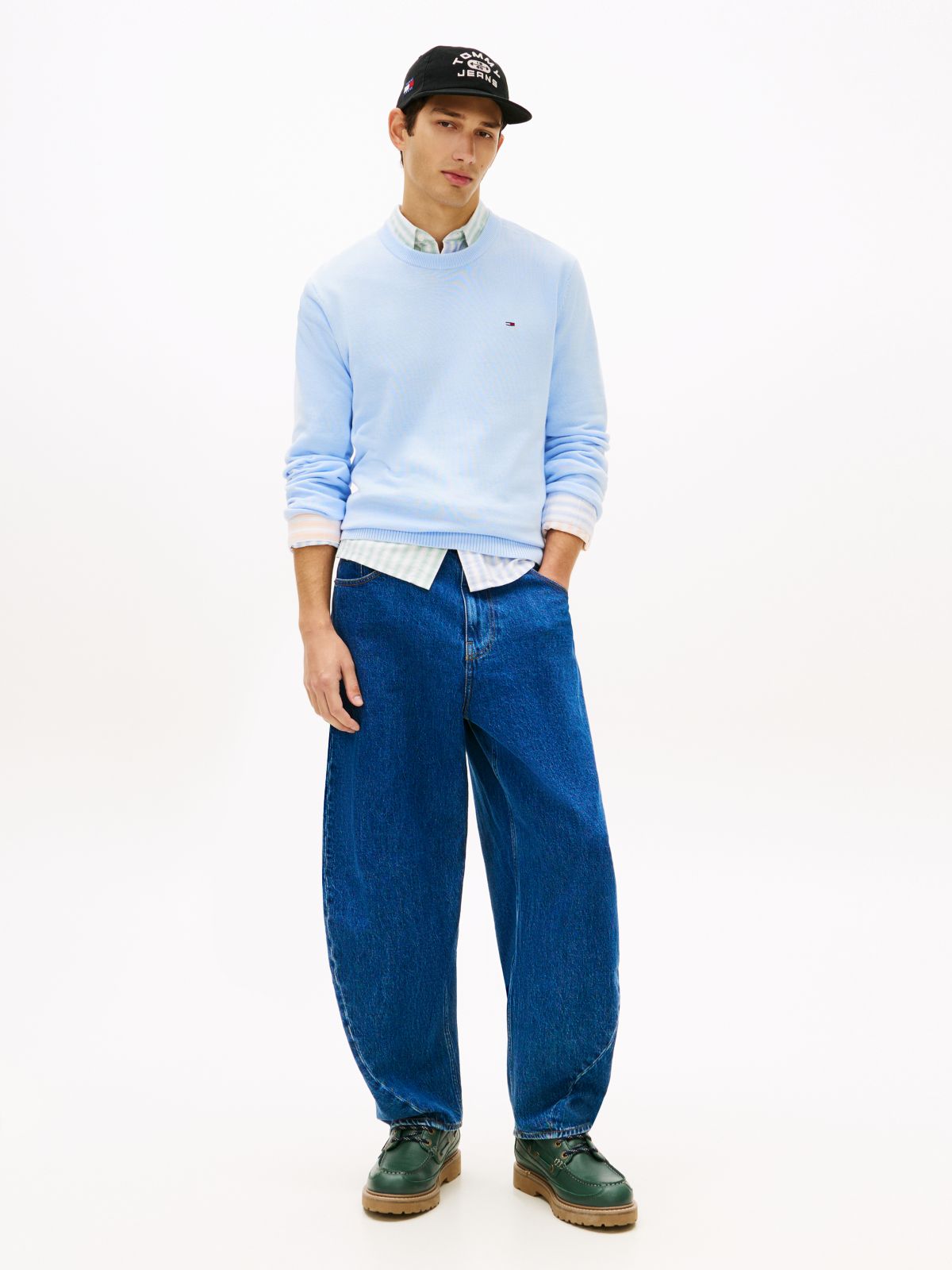 Tommy Flag Embroidery Lightweight Slim Jumper — Blue