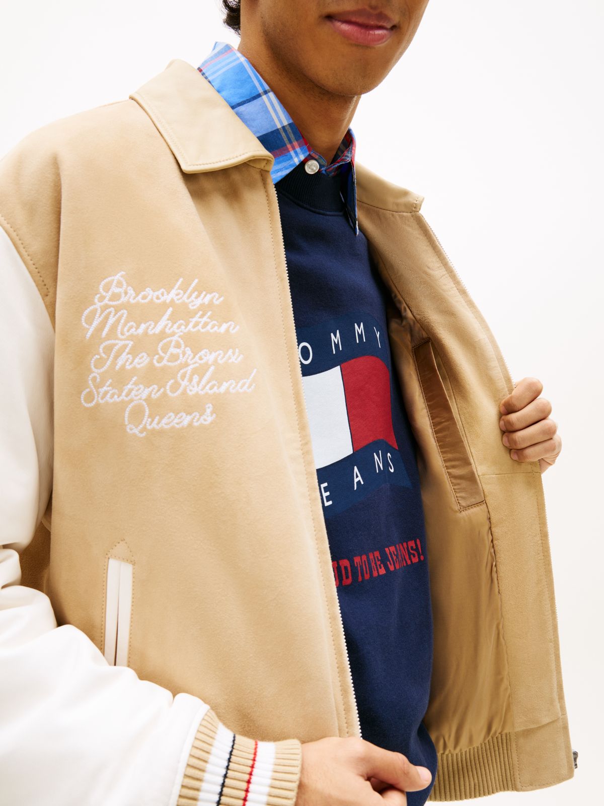 Back Wavy Flag Suede Relaxed Varsity Jacket — Beige