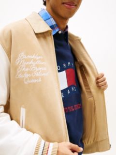 Back Wavy Flag Suede Relaxed Varsity Jacket — Beige 2