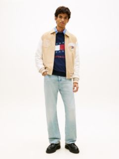 Back Wavy Flag Suede Relaxed Varsity Jacket — Beige 3