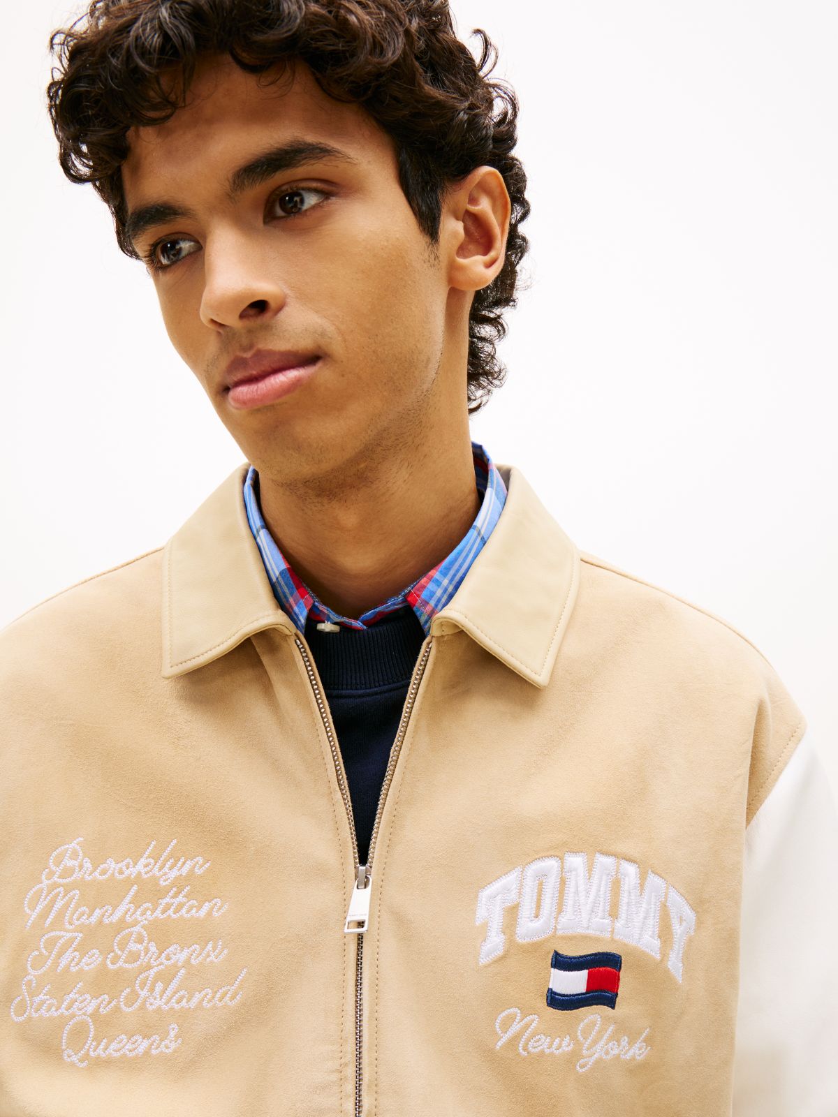 Back Wavy Flag Suede Relaxed Varsity Jacket — Beige