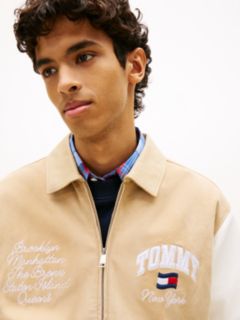 Back Wavy Flag Suede Relaxed Varsity Jacket — Beige 4