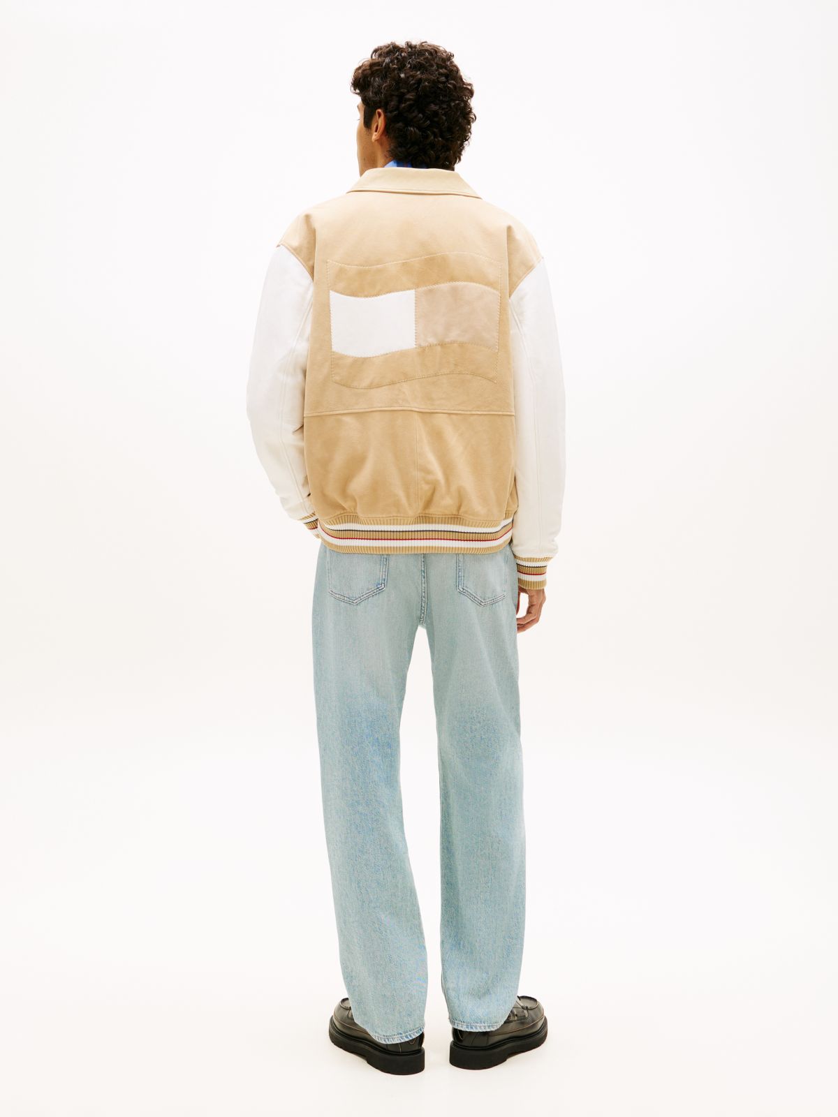 Back Wavy Flag Suede Relaxed Varsity Jacket — Beige