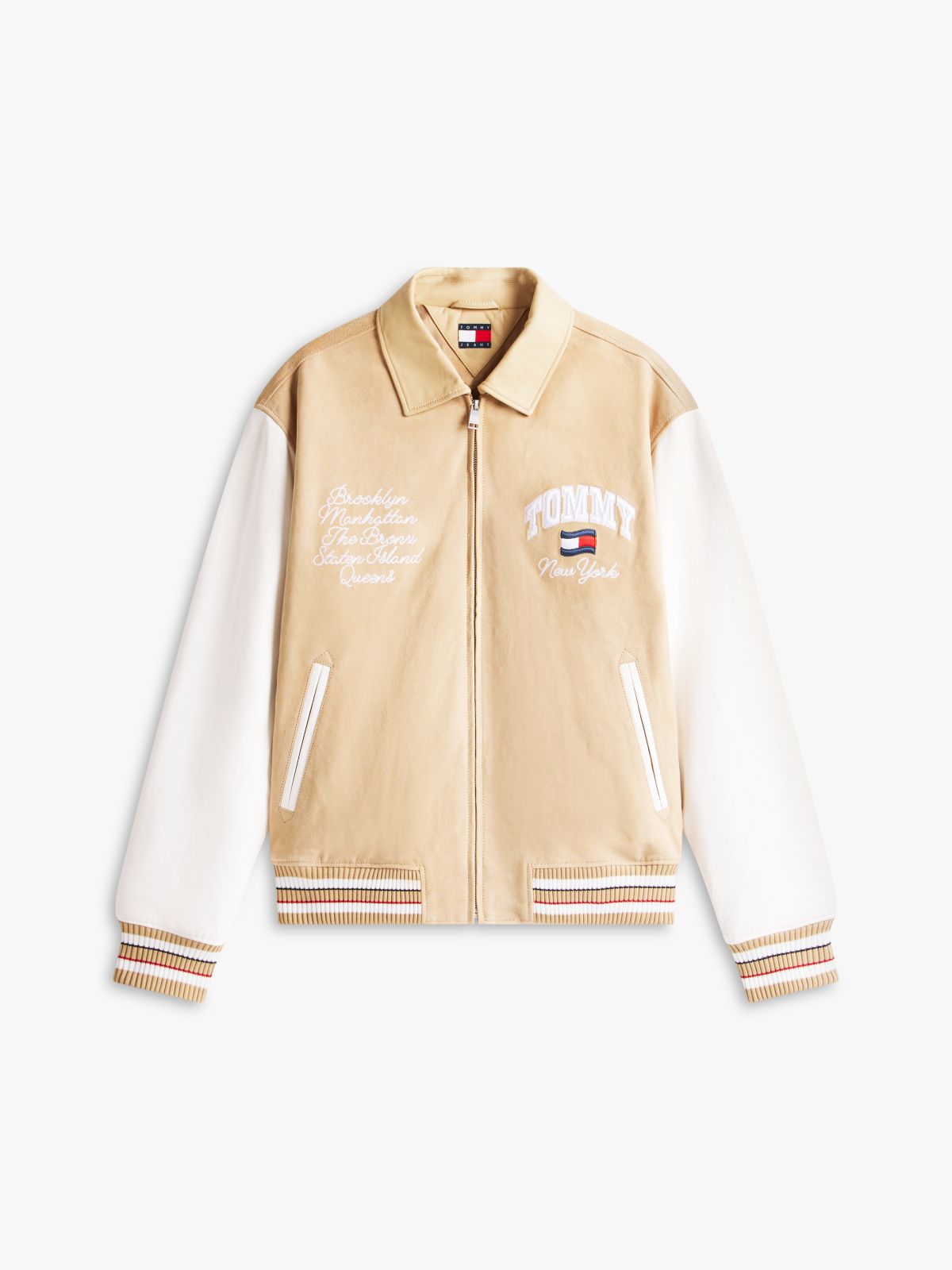 Back Wavy Flag Suede Relaxed Varsity Jacket — Beige