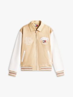 Back Wavy Flag Suede Relaxed Varsity Jacket — Beige 6