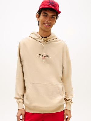 sweat à capuche signature en tissu éponge beige pour hommes tommy jeans