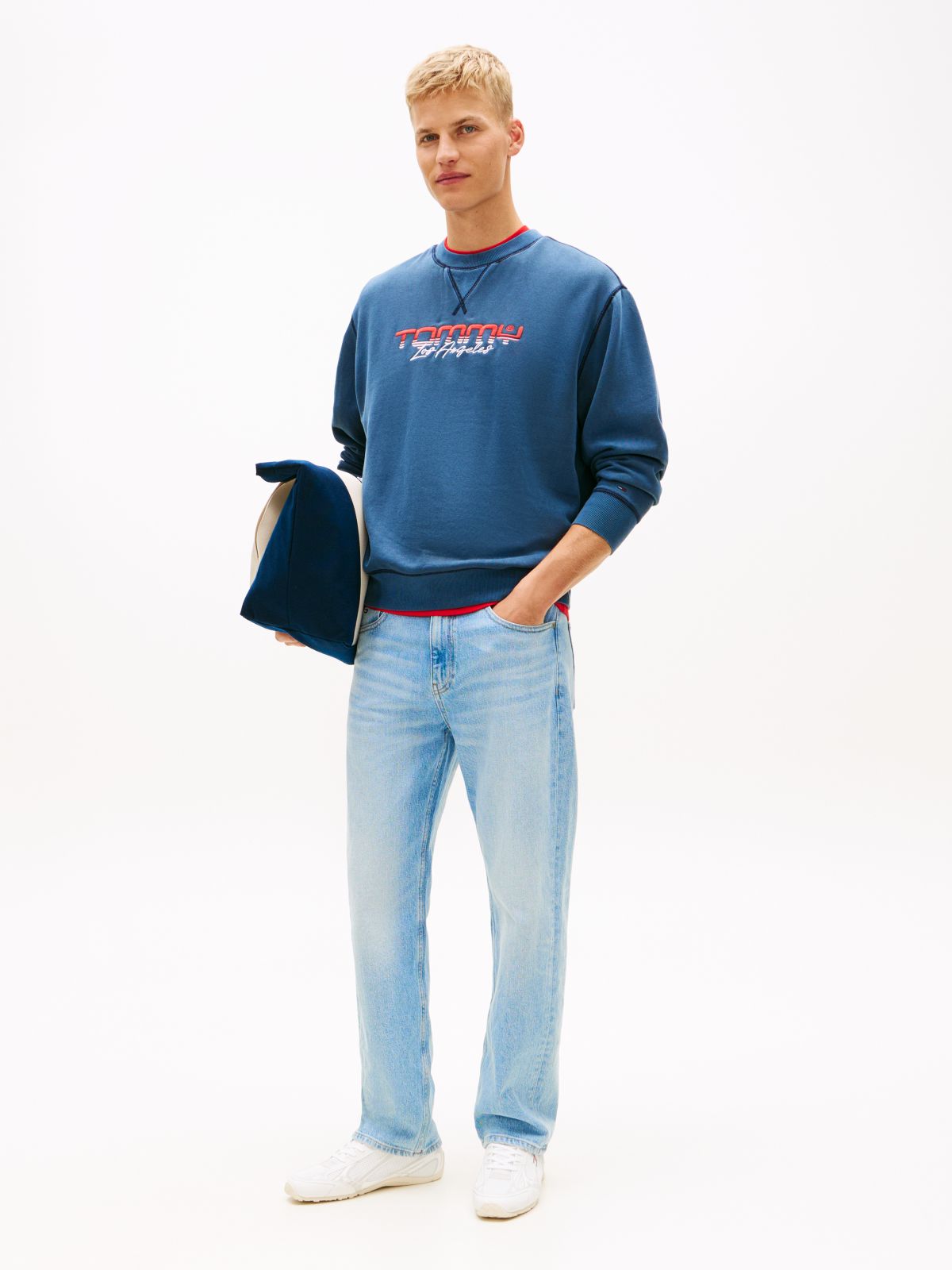 Logo Embroidery Washed Relaxed Fleece Sweatshirt — Blue