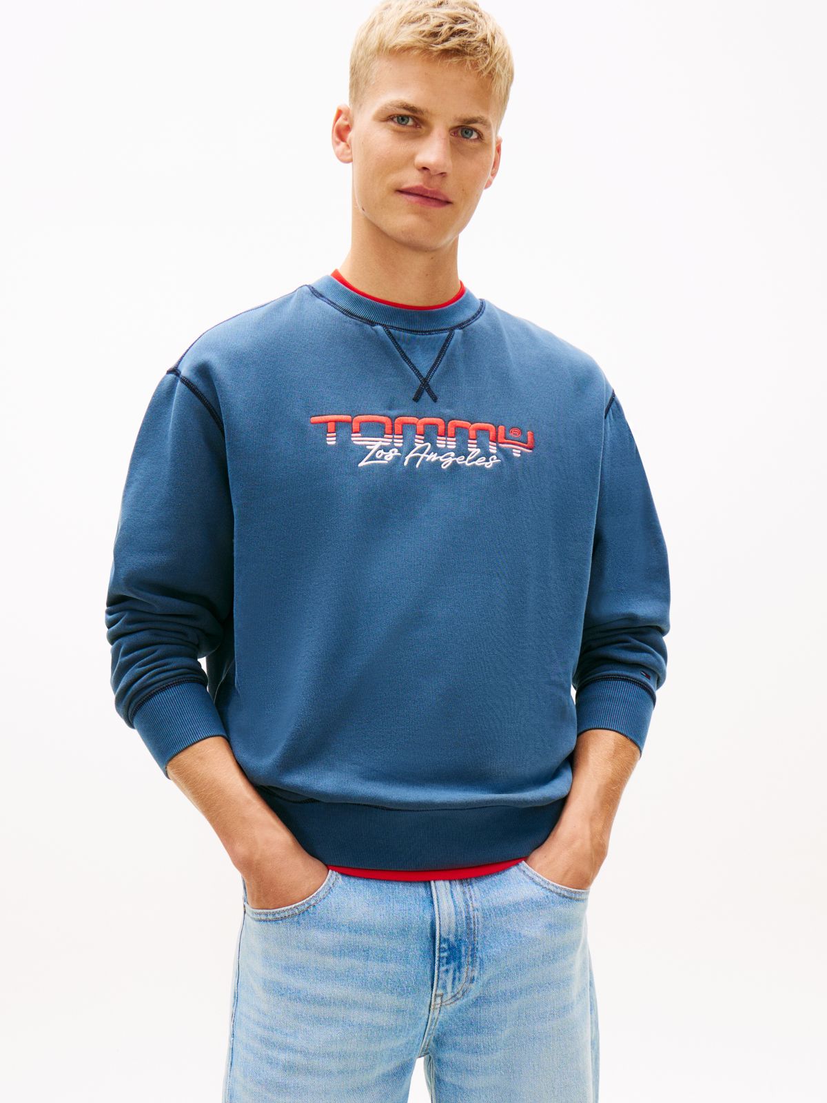 Logo Embroidery Washed Relaxed Fleece Sweatshirt — Blue