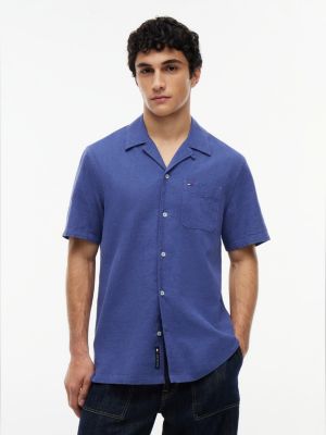 blue regular fit kurzarmhemd aus leinenmix für herren - tommy jeans