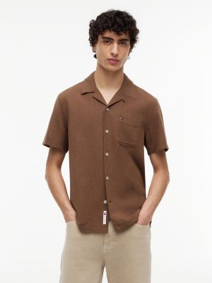 brown regular fit linen blend short sleeve shirt for men tommy jeans