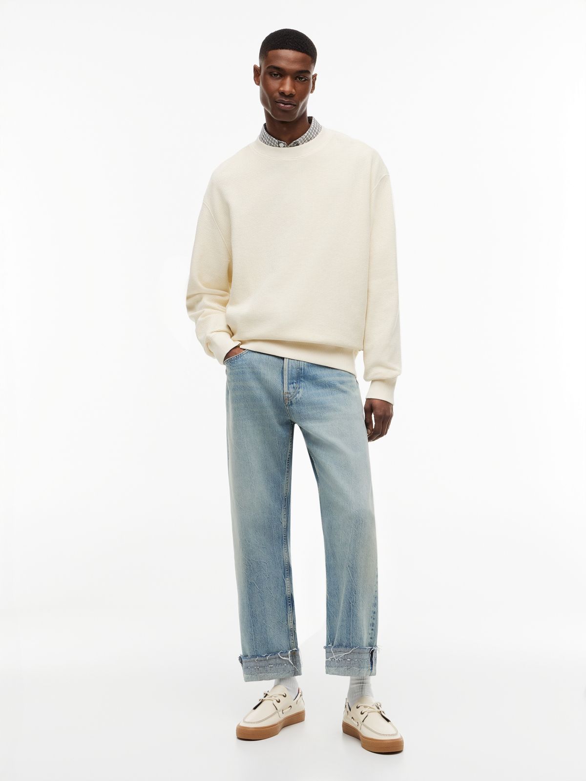 Washed Waffle Knit Relaxed Sweatshirt — Beige