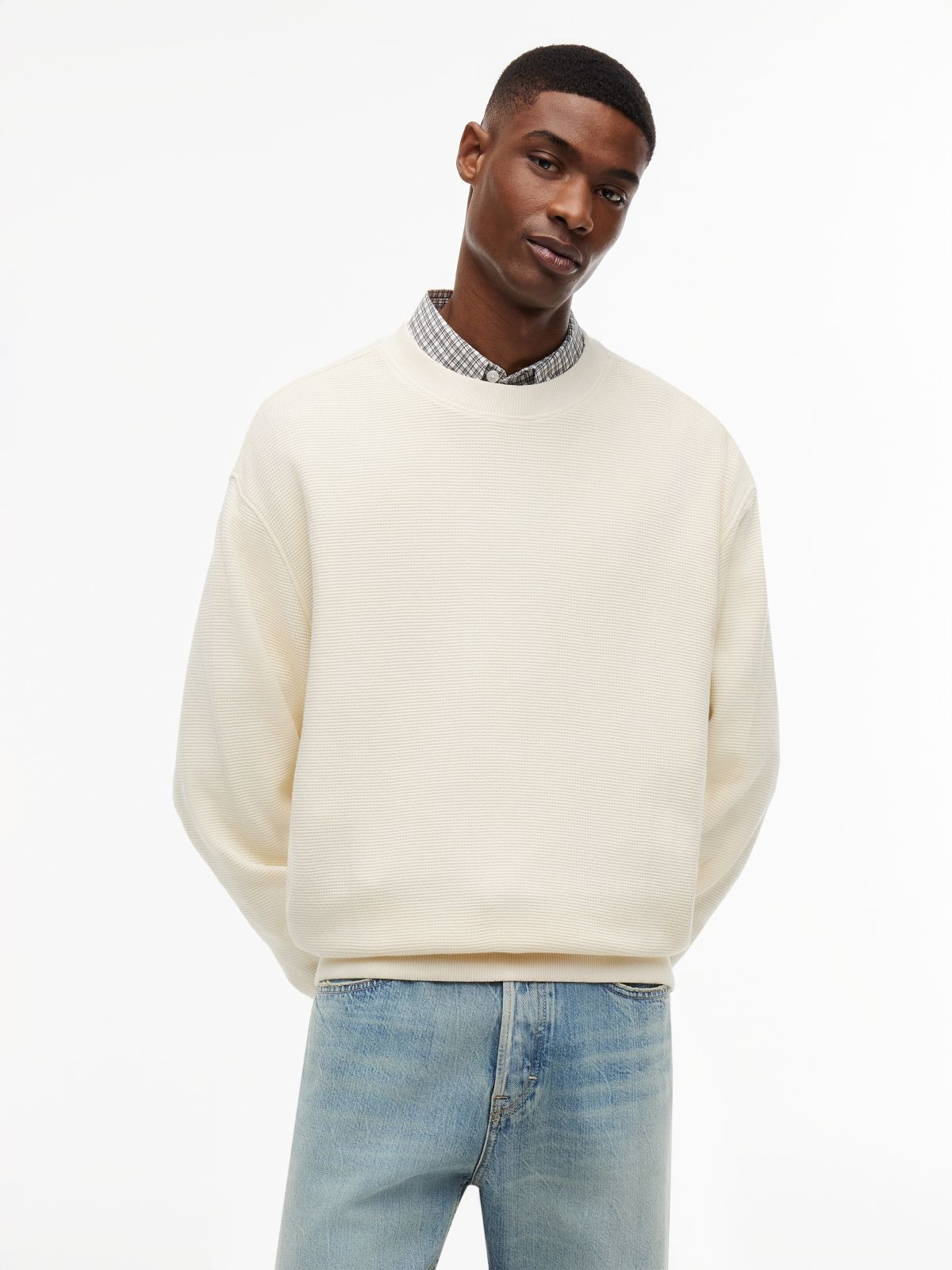 Washed Waffle Knit Relaxed Sweatshirt — Beige