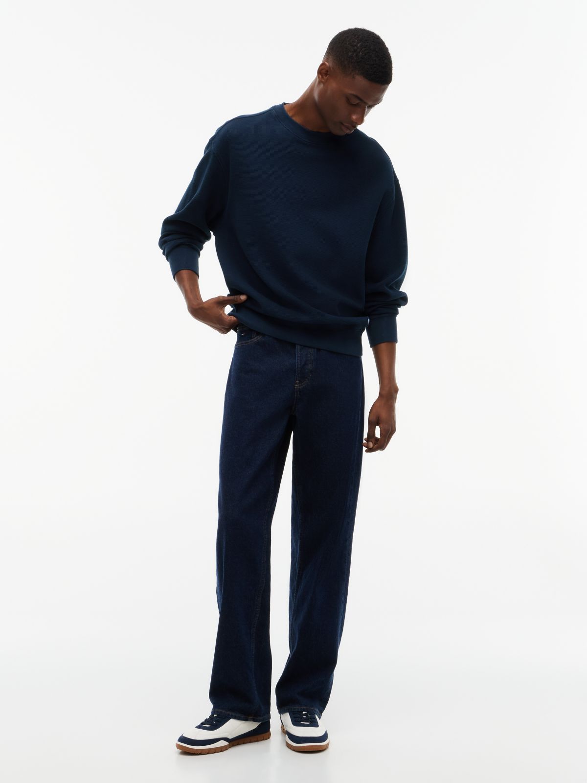 Washed Waffle Knit Relaxed Sweatshirt — Blue
