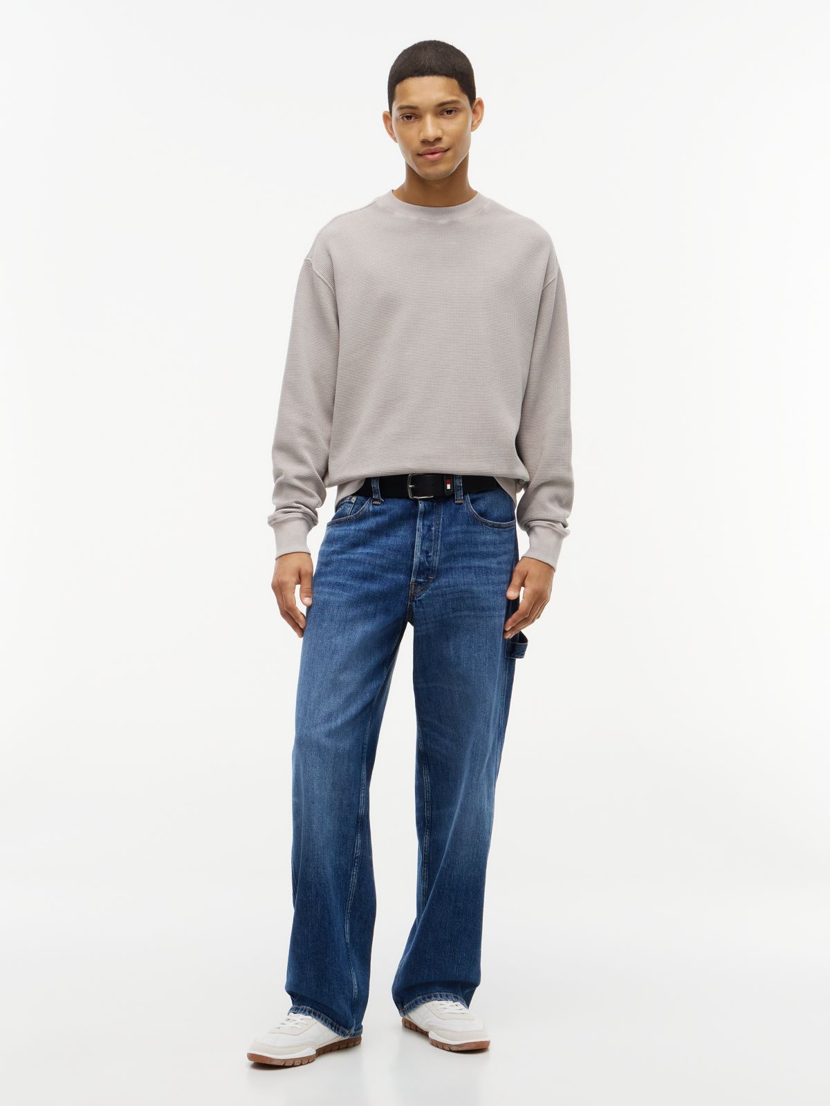 Washed Waffle Knit Relaxed Sweatshirt — Grey