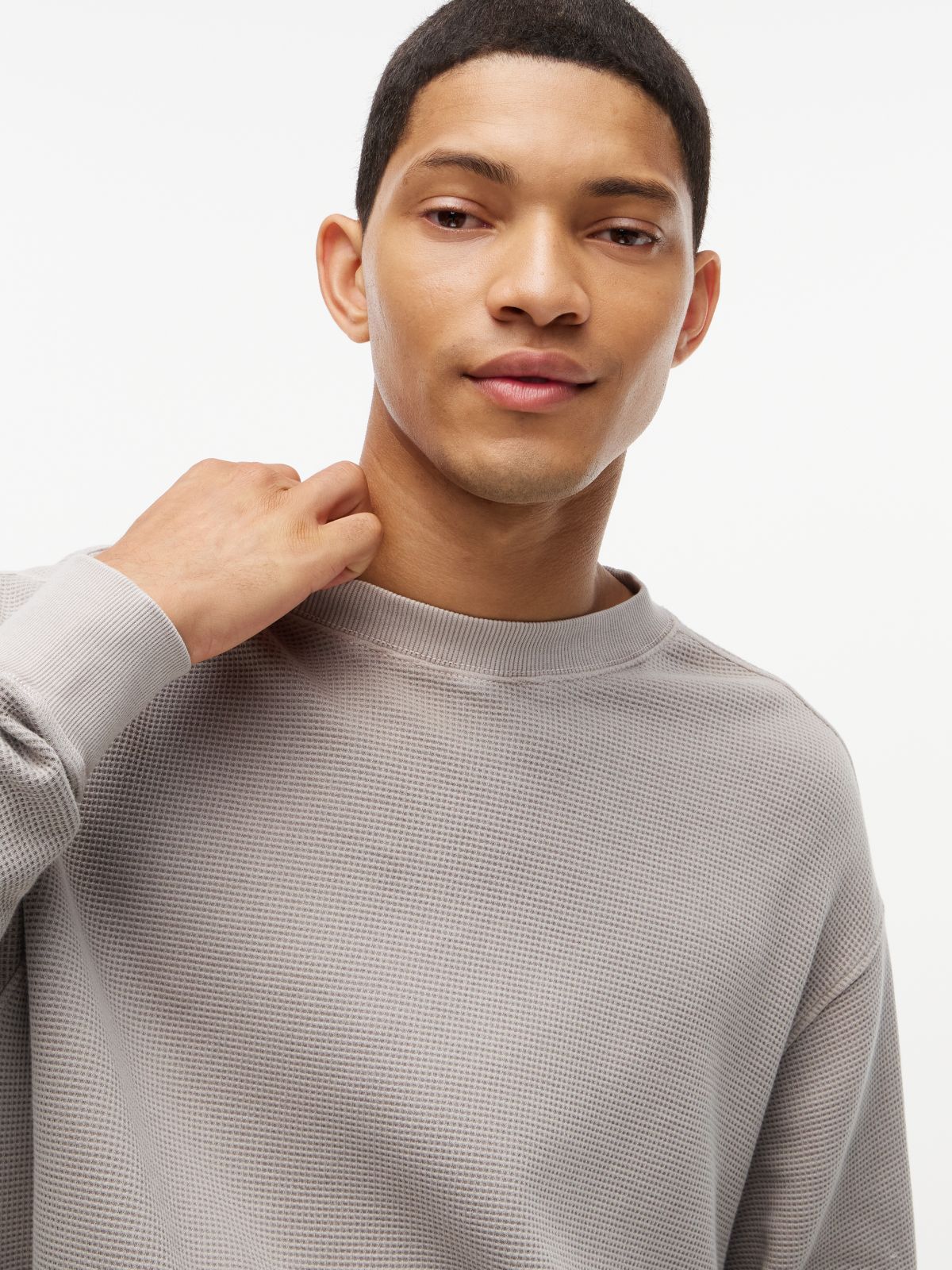 Washed Waffle Knit Relaxed Sweatshirt — Grey