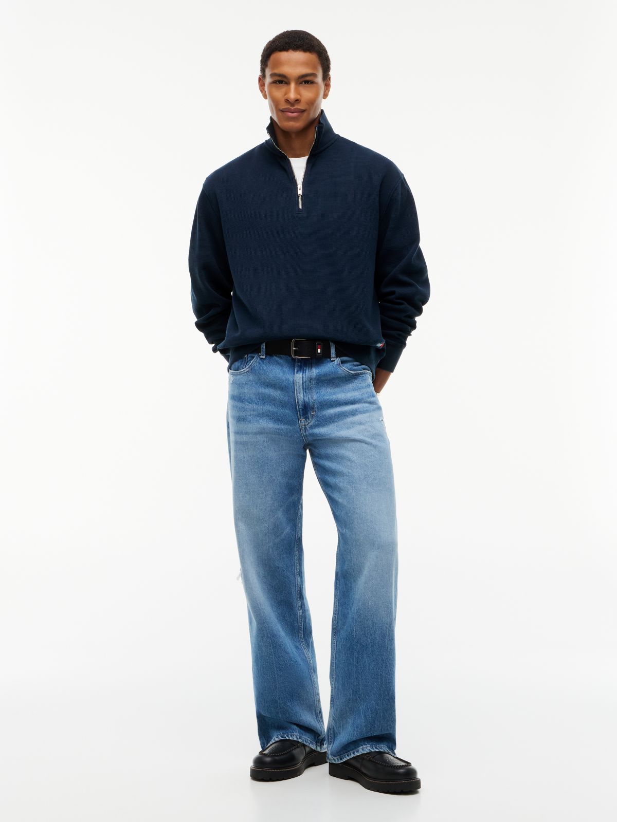 Waffle Knit Relaxed Quarter-Zip Sweatshirt — Blue