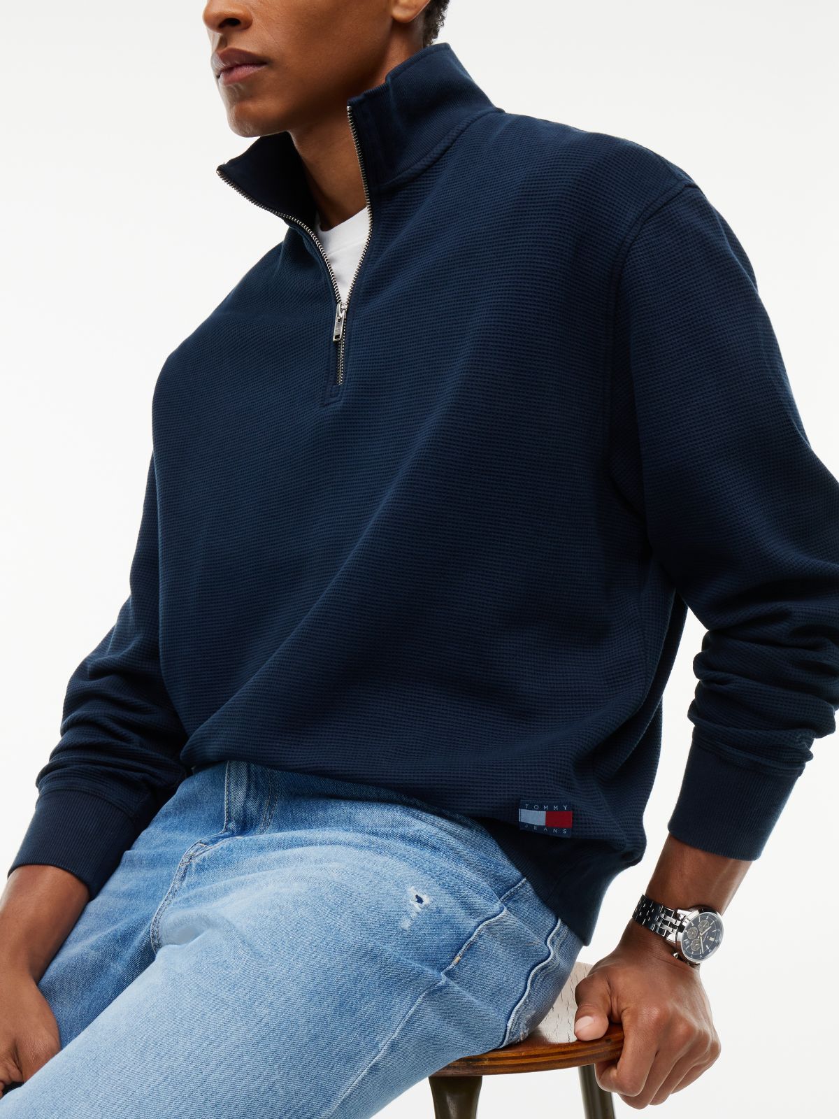 Waffle Knit Relaxed Quarter-Zip Sweatshirt — Blue