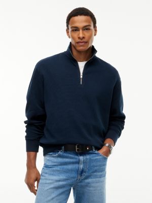 blue waffle knit relaxed quarter-zip sweatshirt for men tommy jeans