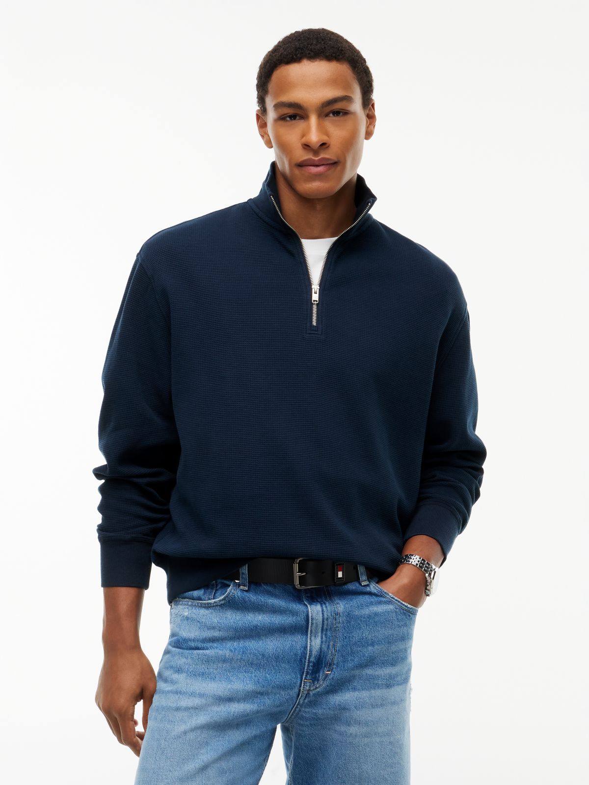 Waffle Knit Relaxed Quarter-Zip Sweatshirt — Blue