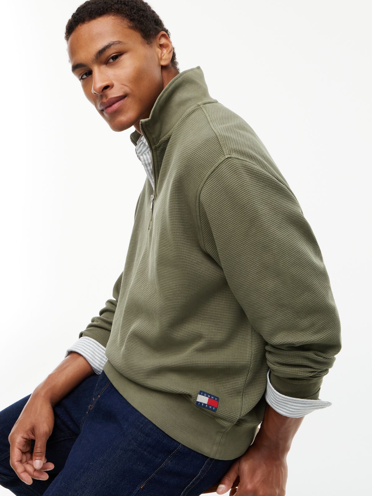 Waffle Knit Relaxed Quarter-Zip Sweatshirt — Green