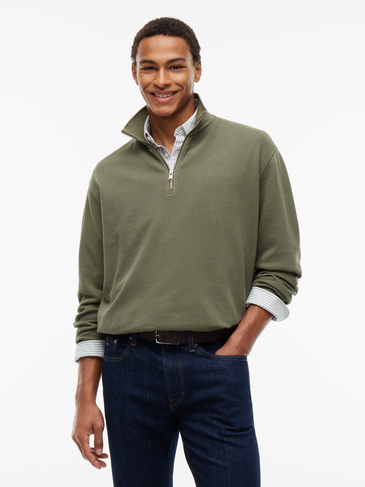 Waffle Knit Relaxed Quarter-Zip Sweatshirt — Green