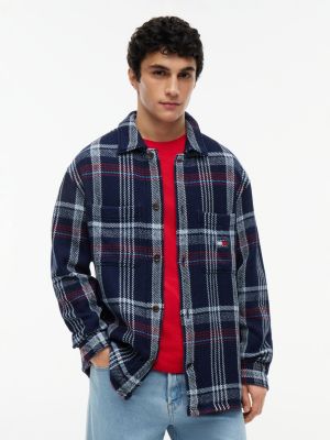 blue oversized fit check textured twill overshirt for men tommy jeans