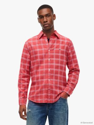 red regular fit textured twill check shirt for men tommy jeans