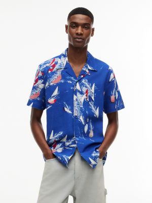 blue regular linen blend short sleeve shirt for men tommy jeans