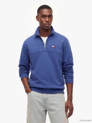 blue tommy badge sweatshirt mit quarter-zip für herren - tommy jeans