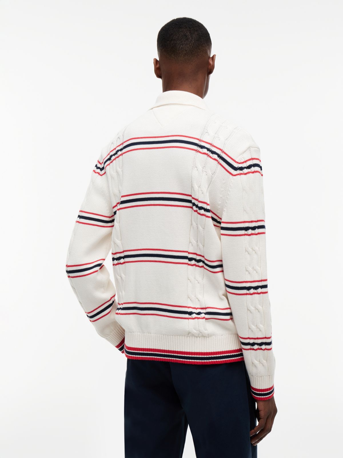 Tommy Badge Cable Knit Stripe Polo Jumper — White