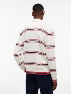 Tommy Badge Cable Knit Stripe Polo Jumper — White 2